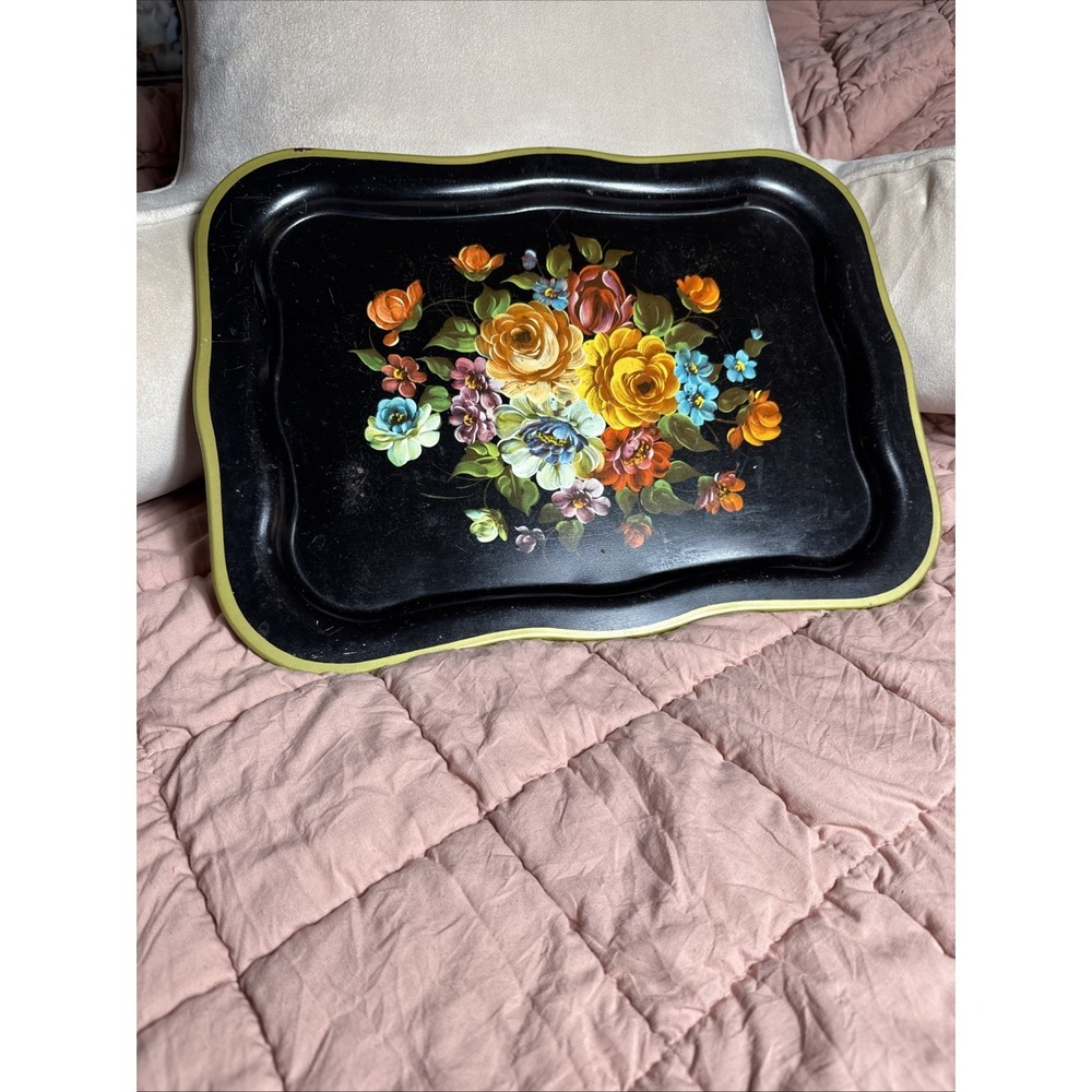 Vintage Black Metal Tray‎ Colorful Roses Floral Table Sitter Or Mount To Wall